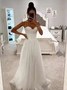 Vestido largo con tirantes y estampado dorado ideal para primavera y otoño - Blanco - Ver 3