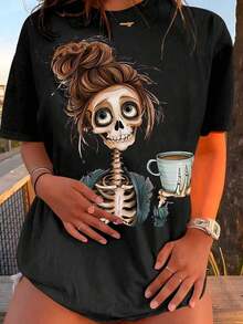 Camiseta de mujer de cuello redondo de manga corta con estampado de calavera, camiseta gráfica de verano para mujerPure-Cotton - Negro - Ver 5