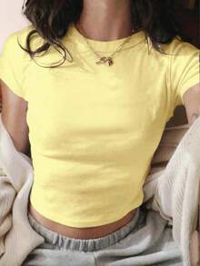 Camiseta de mujer de verano nueva, de corte slim, de cuello redondo y manga corta, top de moda para uso diario y vacaciones. Top de camiseta de mujer. - Amarillo - Ver 1