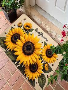 1pc Sunflower Theme Crystal Velvet Doormat, Featuring Sunflowers, Bees And Green Leaves Design, Suitable For Indoor And Outdoor Entrance Decor - A - View 3
