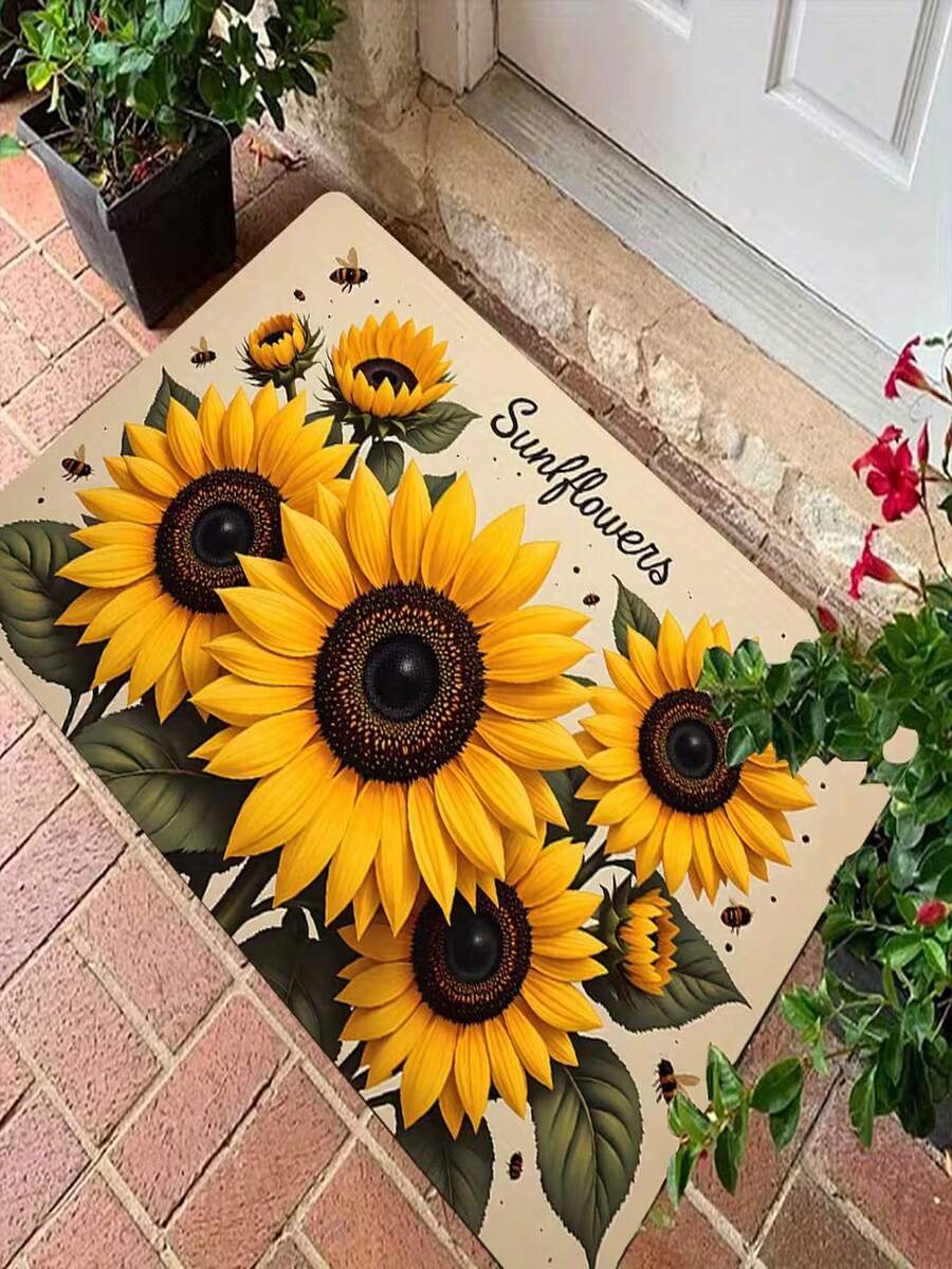 1pc Sunflower Theme Crystal Velvet Doormat, Featuring Sunflowers, Bees And Green Leaves Design, Suitable For Indoor And Outdoor Entrance Decor - A - View 1