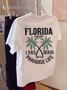 Under The Radar - Camiseta Casual Blanca para Mujer con Estampado de Palmeras de Florida Paradise Life, Cuello Redondo, Hombros Caídos, Manga Corta, Estilo Vintage Urbano, Unisex, de Algodón Suelto - Blanco - Ver 6