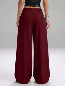 Pantalones casuales y versátiles de cintura alta con pierna ancha de unicolor - Burdeos - Ver 2