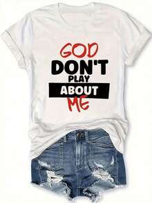 Camiseta Gráfica para Mujer "God Don't Play With Me" - Cuello Redondo Casual, Manga Corta, Cómoda para Primavera/Verano, Blanca con Estampado Rojo, Ligera, 100% Algodón - Blanco - Ver 3