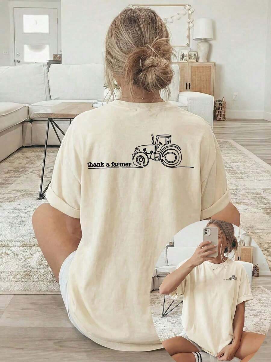 Summer Tops[Double-Sided Print] Women's T-Shirt, Short-Sleeved Round-Neck Casual Top, Featuring A Tractor Graphic With The Text "Thank A Farmer." Mach - 杏色 - 查看 1