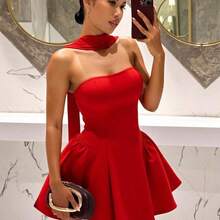 Slayr 2025 New Party, Birthday, Cocktail, Valentine's Day, Halloween, Christmas, Wedding, Daily Wear French Style Strapless A-Line Princess Mini Dress - Red Short Club Dress Dress Red Red Mini Dress Strapless Dress Women's Red Dress Red Casual Dress Short Red Dress,Summer Dresses For Women - Burdeos - Ver 2