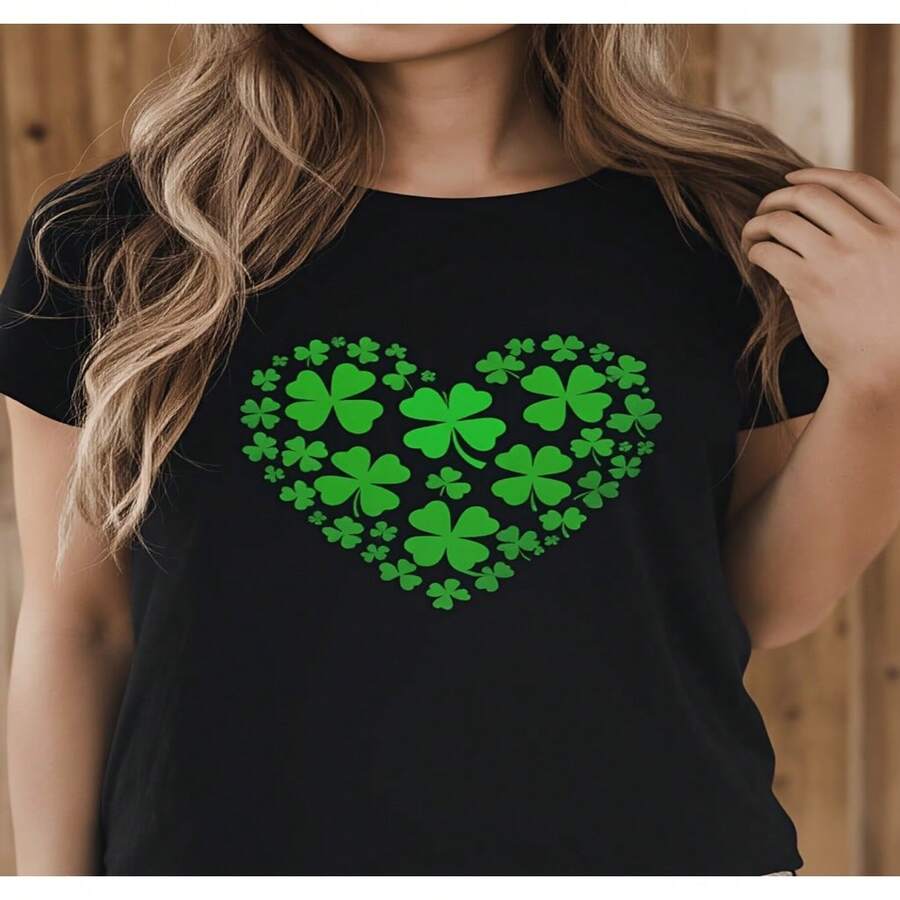 Women's Casual Short Sleeve Cotton Round Neck T-Shirt with Green Shamrock Heart Print for a touch of luck - Negro - Ver 1