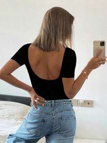 Top corto de escote redondo liso para verano, top halter - Negro - Ver 3