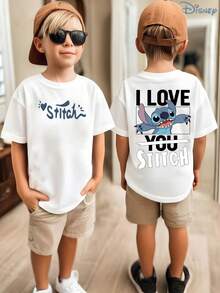 Kids' Disney Lilo & Stitch "I Love Stitch" Double-Sided Graphic T-Shirt, Cute Love Stitch Tee, Soft Breathable Casual Top, Ideal For Theme Parks, Family Vacations, School, Playground & Everyday Wear - White - View 1