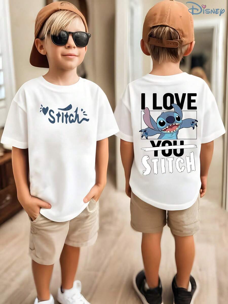 Kids' Disney Lilo & Stitch "I Love Stitch" Double-Sided Graphic T-Shirt, Cute Love Stitch Tee, Soft Breathable Casual Top, Ideal For Theme Parks, Family Vacations, School, Playground & Everyday Wear - White - View 1