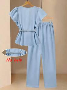 Conjunto informal de mujer con blusa de cuello en V plisada y pantalones de pierna ancha de unicolor - Azul - Ver 2