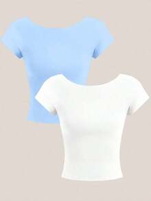 2 piezas Camiseta corta de cuello redondo y espalda descubierta de manga corta, ajustada para mujer, de verano - Multicolor 12 - Ver 2