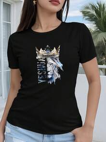 Women's T-Shirt - Regular Fit, Short Sleeves - This Pink T-Shirt With A 2D Geometric Lion Crown Print Is Unique And Striking. It's A Casual, Short-Sleeved, Crew-Neck T-Shirt Suitable For All Seasons, Available In Various Colors And Sizes. It Features A Festive, Modern, And Retro Aesthetic, Breathable Material, And Eye-Catching Prints. - 黑色 - 查看 1