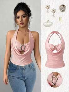 Camiseta de tirantes ajustada con cuello drapeado elegante de color negro, diseño fruncido y decoración metálica, para primavera/verano - Rosa - Ver 1