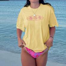 Letter Print T-Shirts For Women, Oversized Graphic Tees For Women And Teens, Y2k Short Sleeve Floral Print Graphic Tees, Aesthetic Summer T-Shirts, Cute And Preppy Women's Clothing For Vacation, Days Off, Everyday Casual Fashion And Versatility. - 黃色夏季上衣 - 查看 2