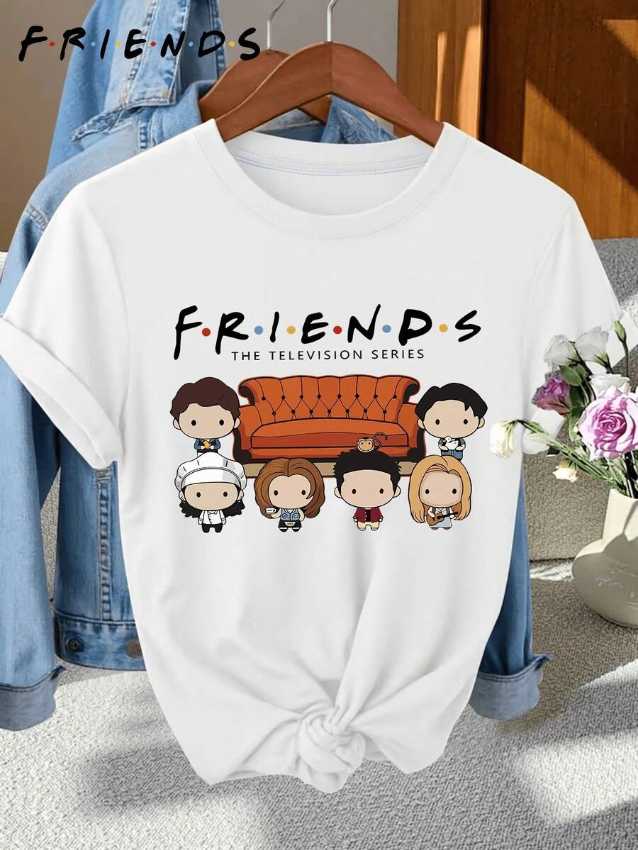 Women's Short-Sleeved T-Shirt From Warner Bros., Friends TV Series, Featuring A Print Of The Protagonist In A Q Version, Casual Round Neck, Suitable For Spring, Summer And Autumn, 100% Women's T-Shirt, Versatile Retro Style For Everyday Wear, Holidays And Fashionable Travel. - 白色 - 查看 1