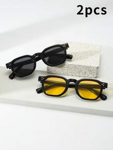 1pc Unisex Oval Small Frame High Quality PC Material Personalized Minimalist Fashion Glasses, Suitable For Casual, Travel, Party, Beach, Daily Decoration - 2-piece Combo Pack (Black Black Ten Black Yellow) - View 2