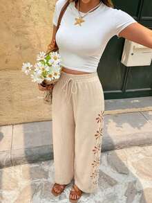 Frenchy Pantalones anchos de pierna ancha con cordón en la cintura, de unicolor y con corte láser, estilo casual de vacaciones para mujer - Caqui - Ver 6