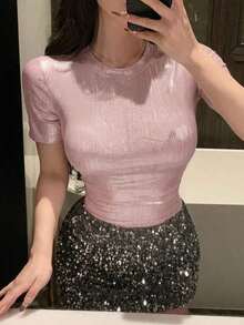 Camiseta casual ajustada de manga corta con cuello en V profundo y brillo en color rosa para mujer - Rosa 4 - Ver 2