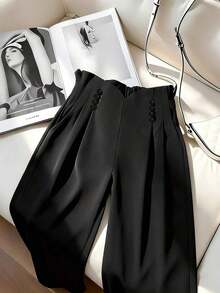 Pantalones anchos de mujer de cintura alta con pliegues y botones - Negro - Ver 9