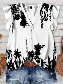 Camisa de mujer casual y minimalista con estampado botánico, adecuada para el verano - Multicolor 12 - Ver 1