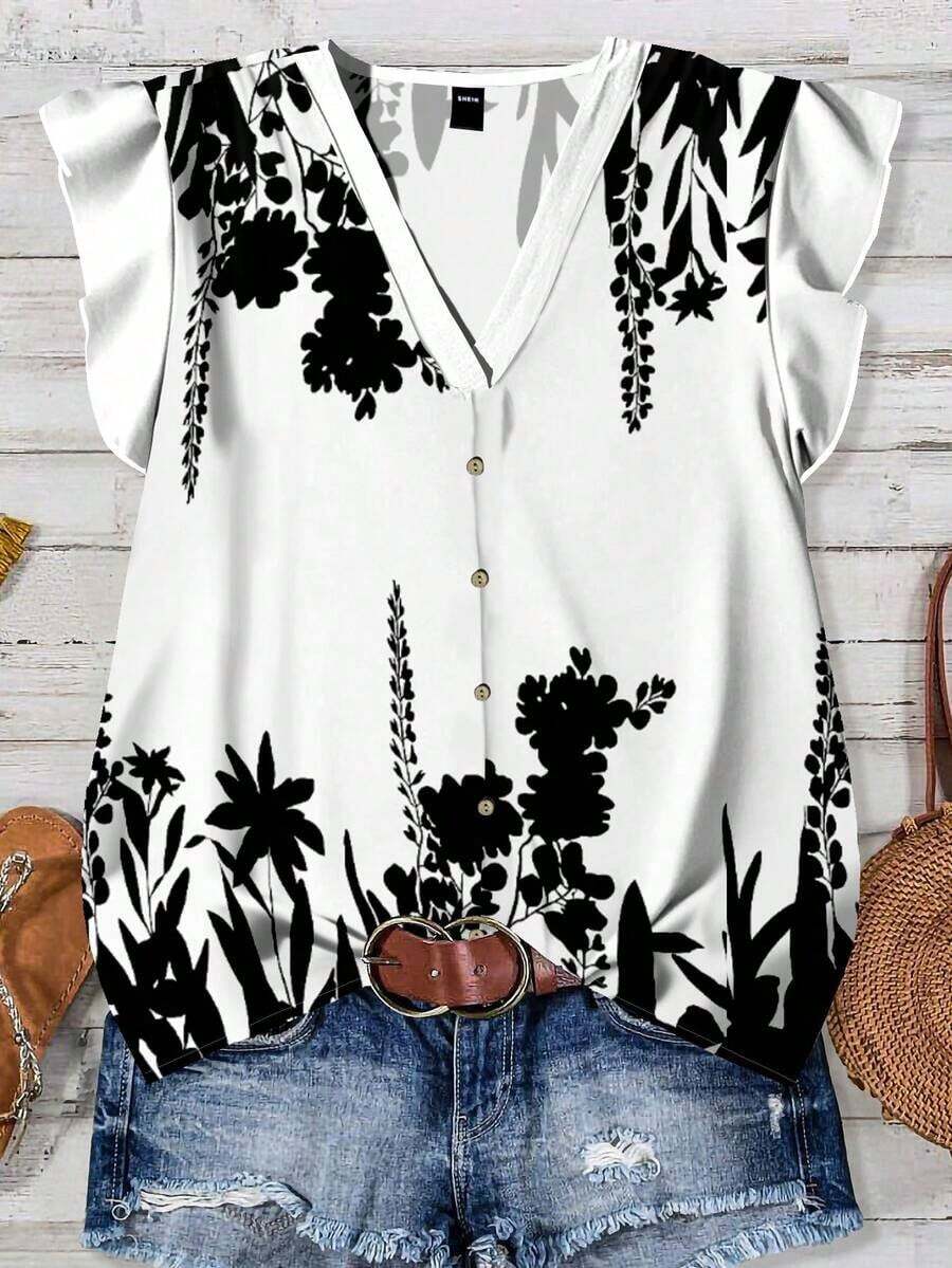 Camisa de mujer casual y minimalista con estampado botánico, adecuada para el verano - Multicolor 12 - Ver 1