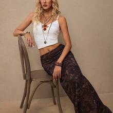 Freevana Women's Casual Bohemian Retro Western Paisley Cashew Flower Print Versatile Brown Knit Skirt, Suitable For Spring, Music Festival - Marrón - Ver 5