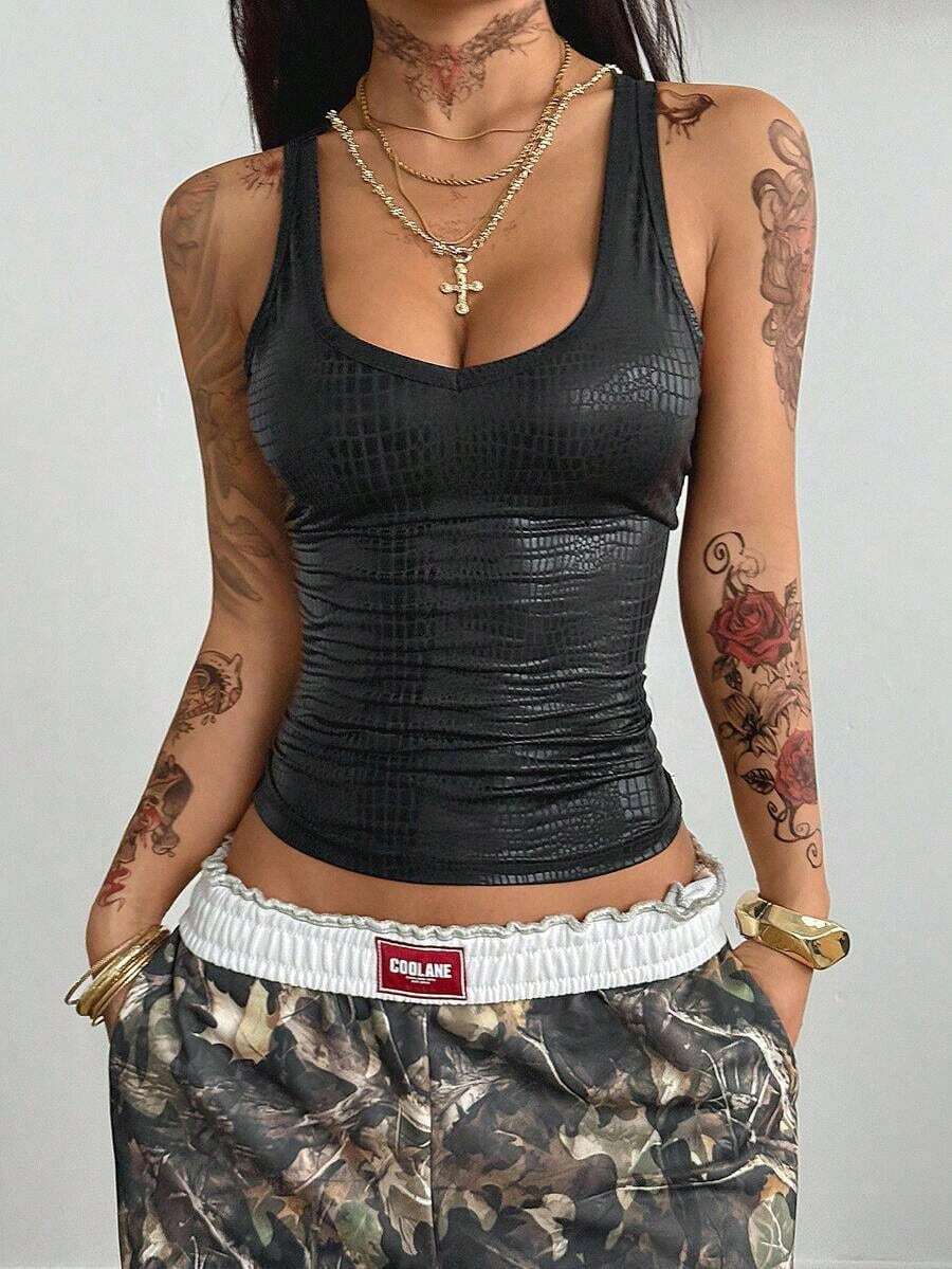 Camiseta de punto de verano con cuello en V gris, cómoda y elegante, con encaje de contraste, para salir y vacaciones - Negro - Ver 1