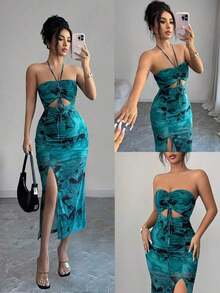 Vestido largo de mujer con cuello de halter, plisado y estampado de malla - Multicolor - Ver 8