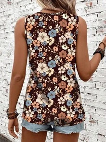 Camiseta de tirantes casual con cuello redondo y estampado floral para mujer - Multicolor 3 - Ver 2