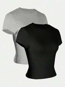 Camiseta De Verano Para Mujer unicolor De Cuello Redondo Y Manga Corta De Ajuste Delgado - Multicolor 5 - Ver 3