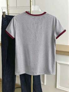 RCamiseta casual de mujer de cuello redondo con estampado gráfico de rayas y bloques de color - Gris - Ver 2