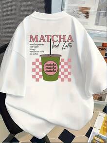 Plus Size Women's Short Sleeve T-Shirt With Matcha Iced Latte Print - Matcha Lettering And Powder, Round Neck, Casual Blouse For Summer, Spring And Iced Latte Lovers - 白色 - 查看 4
