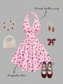 Vestido de fiesta elegante de mujer con estampado de cerezas, escote halter, espalda descubierta y cintura fruncida - Rosa Pálido - Ver 1