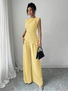 blusas sin mangas de cuello redondo con textura y pliegues de unicolor para mujer - amarillo ganso - Ver 2