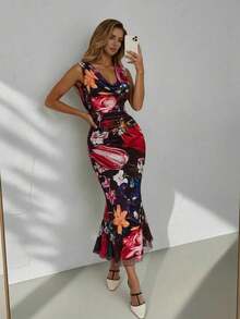 Vestido midi para mujer con escote profundo, cinturón y panel de malla, color rojo - Multicolor 3 - Ver 1