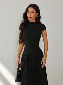 Vestido casual largo plisado de manga abullonada y cuello alto en unicolor para mujer, de verano - Negro - Ver 5