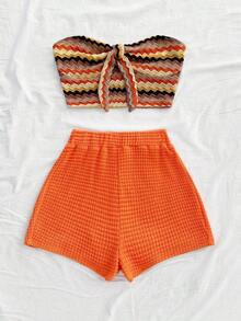 2 piezas Conjunto de top corto a rayas y shorts de cintura alta para mujer, adecuado para vacaciones, citas, té de la tarde, playa, crucero, viaje a la ciudad, festival de música, estilo bohemio de playa - Multicolor 2 - Ver 3