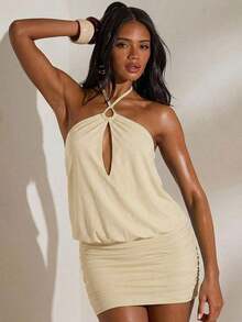 Vestido mini de mujer con estampado de malla de punto y cuello halter, primavera/verano - Albaricoque - Ver 3