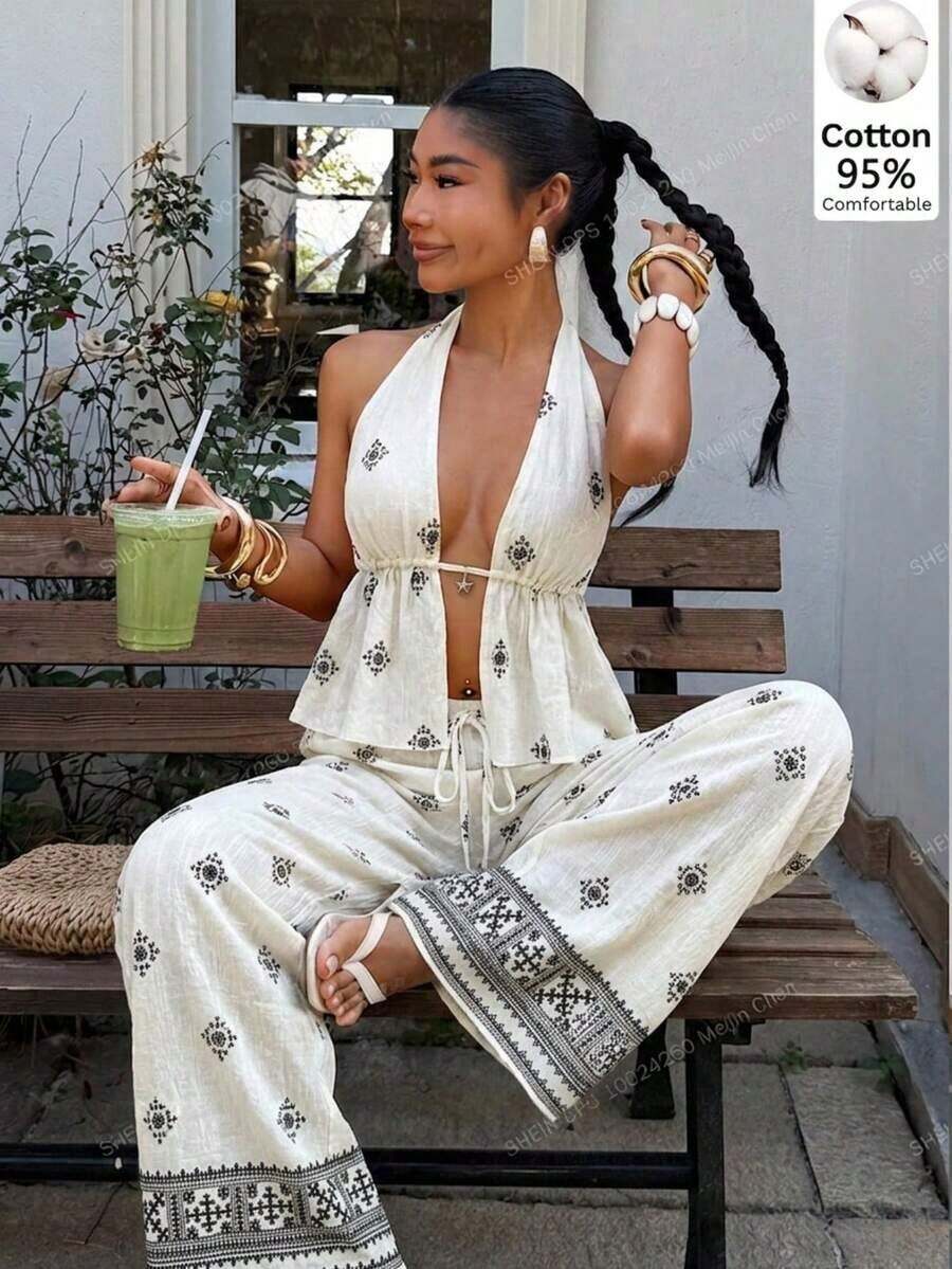 2 piezas Conjunto casual de vacaciones para mujer con top halter sin espalda y pantalones en color caqui tejido - Multicolor 3 - Ver 1