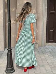 Vestido midi de corte evasé con cuello en V, mangas con volantes y cintura ceñida con estampado de cuadros para mujer - Verde - Ver 2