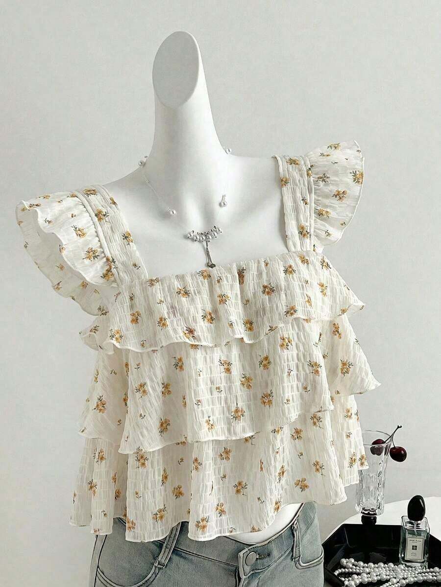 Blusa de mujer con patrón de cuadros arrugados, lunares negros, diseño suelto de mangas con volantes - Amarillo claro - Ver 1