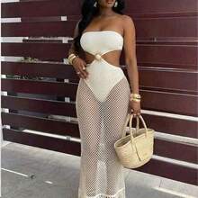 BamGlam Women's Sexy Hollow Out Fishnet Design Strapless Vacation/Date Dress - Beis - Ver 2