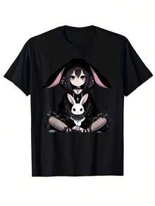 Camiseta con estampado, top casual de manga corta y cuello redondo, ropa de mujer para primavera y verano. - Negro - Ver 6