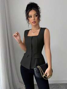 Blusa elegante de mujer con cuello cuadrado sin mangas, decoración con bolsillo falso, camisa ajustada de oficina, primavera/verano - Negro - Ver 7