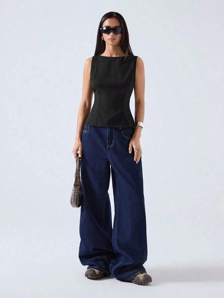 2026 Nueva Camiseta de Tirantes Ajustada de Cuello Redondo a Rayas de Color Albaricoque Minimalista, Adecuada para Trabajo/Casual de Negocios/Oficina, Top de Moda para Mujer - Negro 2 - Ver 1