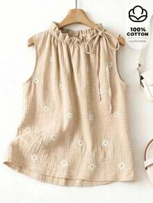 Blusa sin mangas con estampado floral diminuto y cuello con volantes, casual de verano para mujer - Caqui - Ver 1