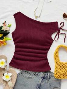 Blusa de punto con textura de burbujas de color albaricoque, con hombros asimétricos y cintura anudada, de corte ajustado, adecuada para fiesta, cita, paseo por la ciudad, viaje por carretera, playa de verano - Burdeos - Ver 4