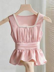 Blusa ajustada sin mangas con cuello y detalles de perlas falsas para mujer - Rosa - Ver 7