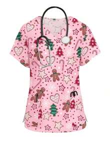PopScrub Conjunto de 2 piezas con diseño de bolsillo con oreja, estampado de gato y planta de dibujos animados, de cuello en V y manga corta, uniforme de enfermera de primavera/verano, pantalón casual de color azul claro, conjunto de uniforme de enfermera, adecuado para amantes de los gatos - Multicolor 4 - Ver 4